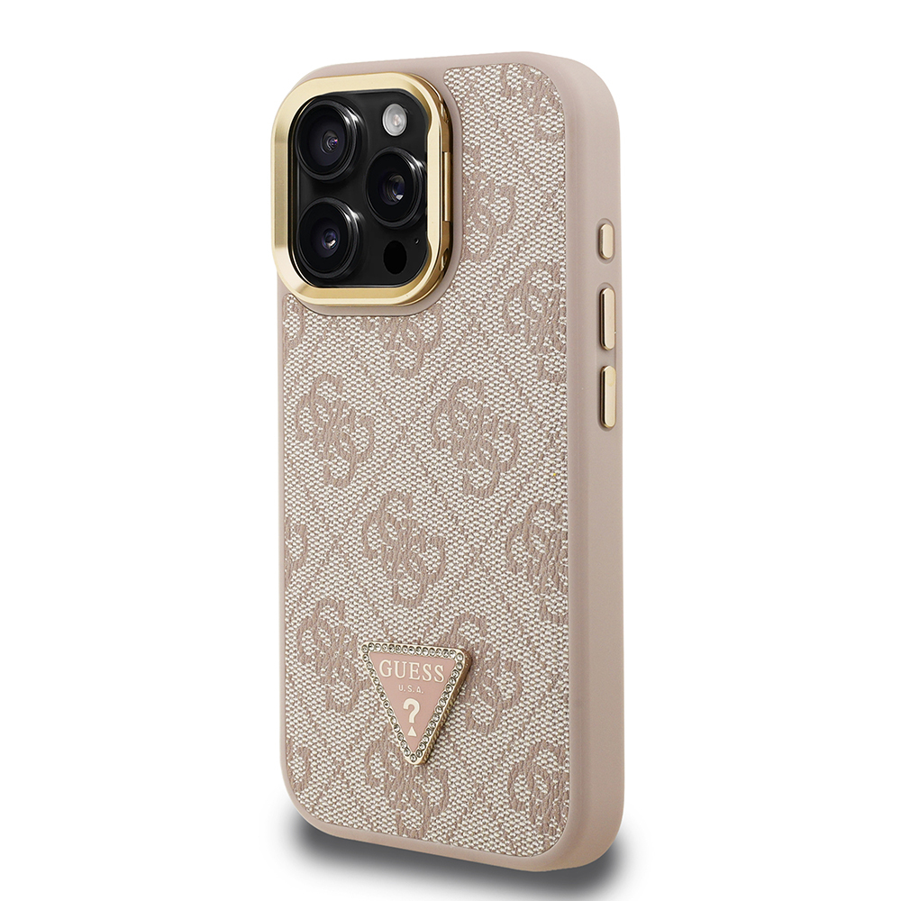Apple iPhone 15 Pro Max Uyumlu Kılıf Guess Orjinal Lisanslı PU Deri Taşlı Üçgen Logo 4G Desenli Kamera Standlı Kapak - 8