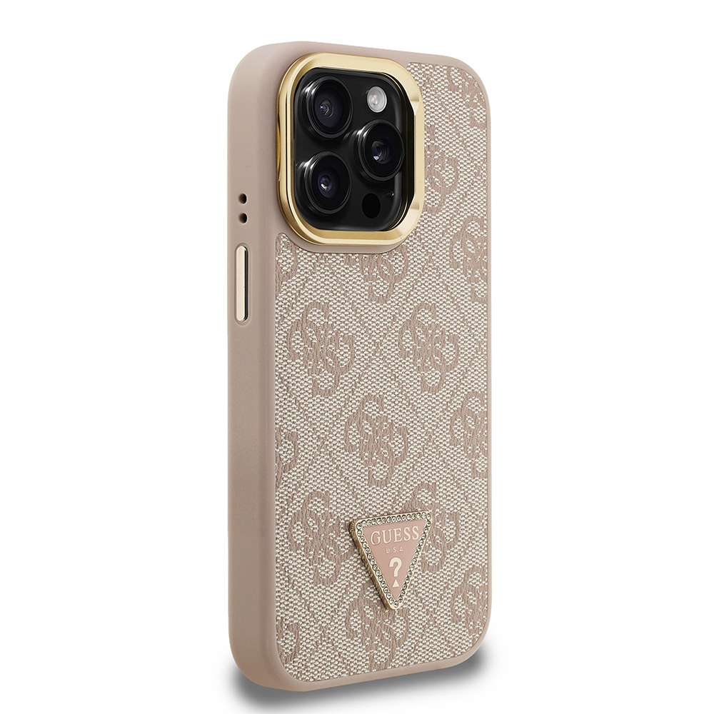Apple iPhone 15 Pro Max Uyumlu Kılıf Guess Orjinal Lisanslı PU Deri Taşlı Üçgen Logo 4G Desenli Kamera Standlı Kapak - 10