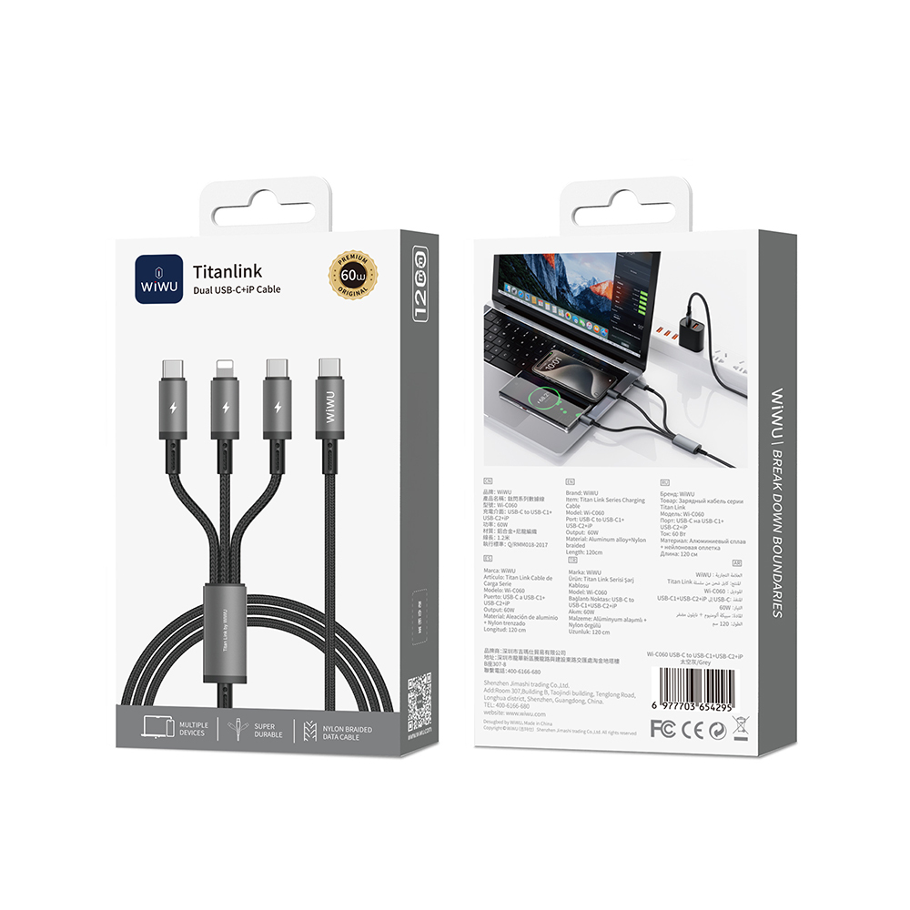 Wiwu Wi-C060 Titanlink Serisi 3in1 Type-C to Lightning – 2xType-C Örgülü Şarj ve Data PD Kablo 60W 1.2m - 2