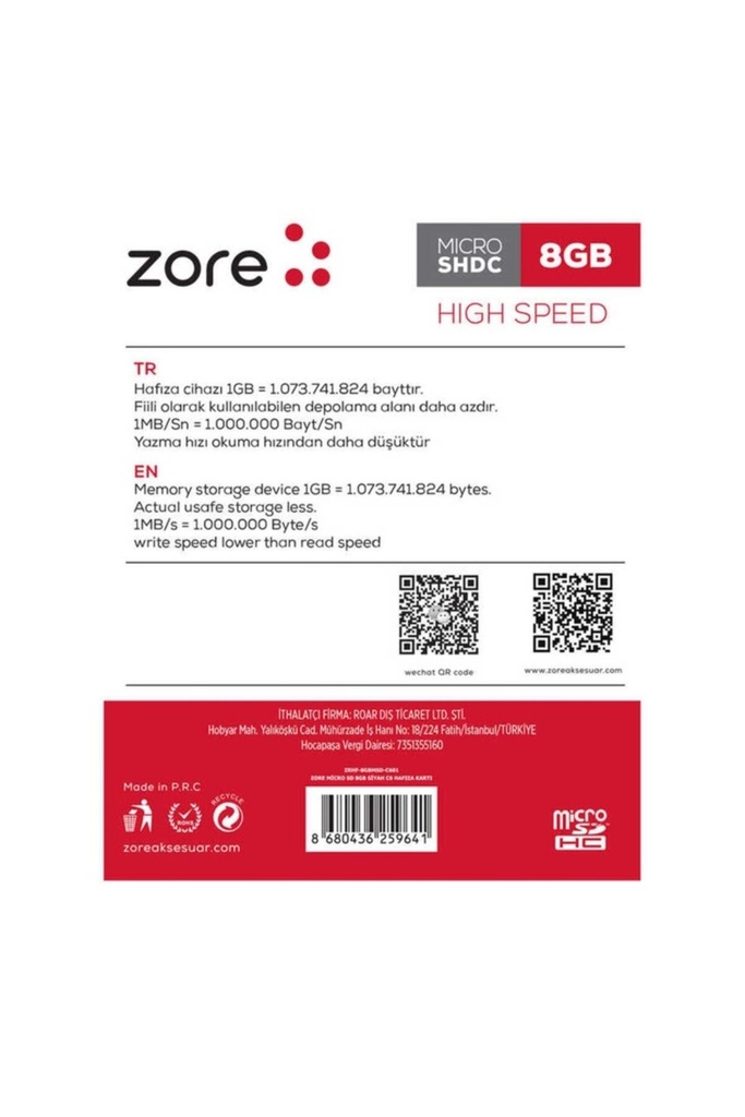 Zore Micro SD Hafıza Kartı 8GB