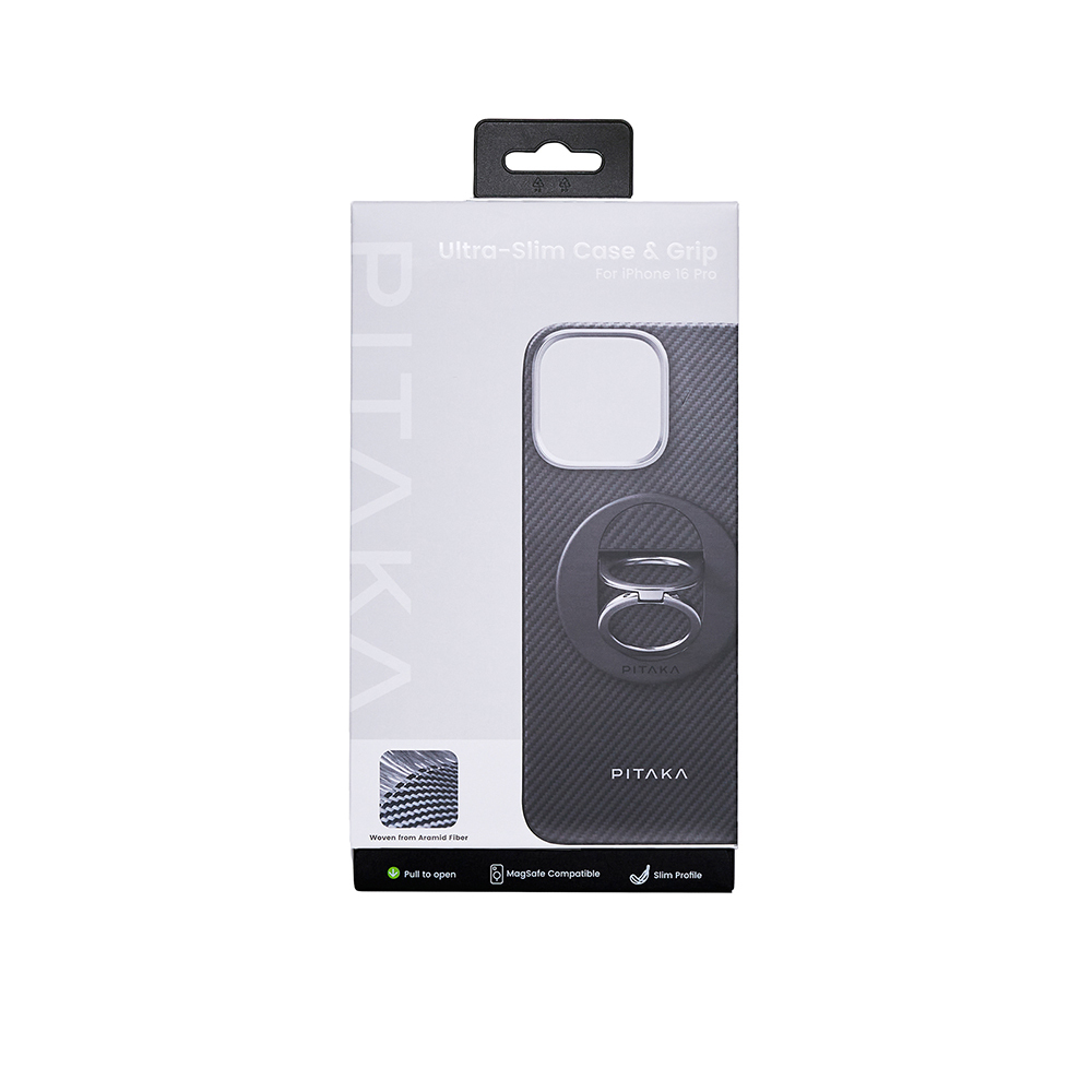 Apple iPhone 16 Pro Uyumlu Kılıf M-safe Şarj Özellikli Grip 3 Standlı 600D Aramid Fiber Pitaka Ultra-Slim Classic Serisi Black-Grey Twill Kapak - 2