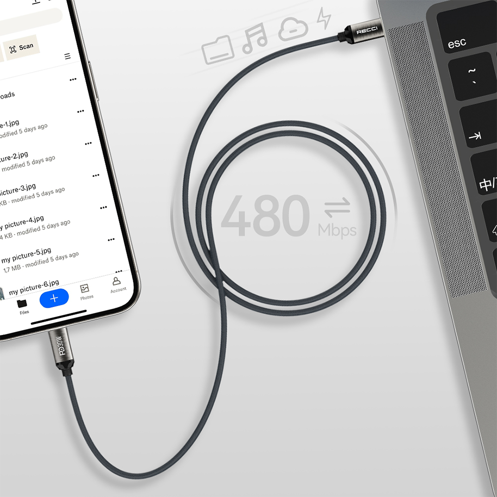 Recci RS35CL Type-C to Lightning PD 30W Örgü Tasarımlı Hızlı Şarj Özellikli Data ve Şarj Kablosu 1M - 5