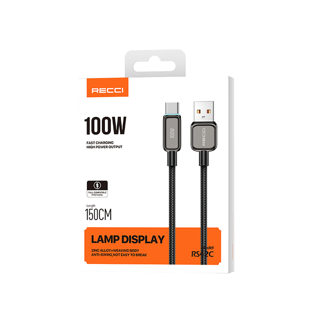 Recci RS42C Lamp Display Serisi USB-A to Type-C 100W Hızlı Şarj Özellikli Data ve Şarj Kablosu 1.5M - 5