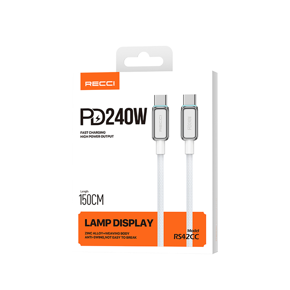 Recci RS42CC Lamp Display Serisi Type-C to Type-C PD 240W Hızlı Şarj Özellikli Data ve Şarj Kablosu 1.5M - 5