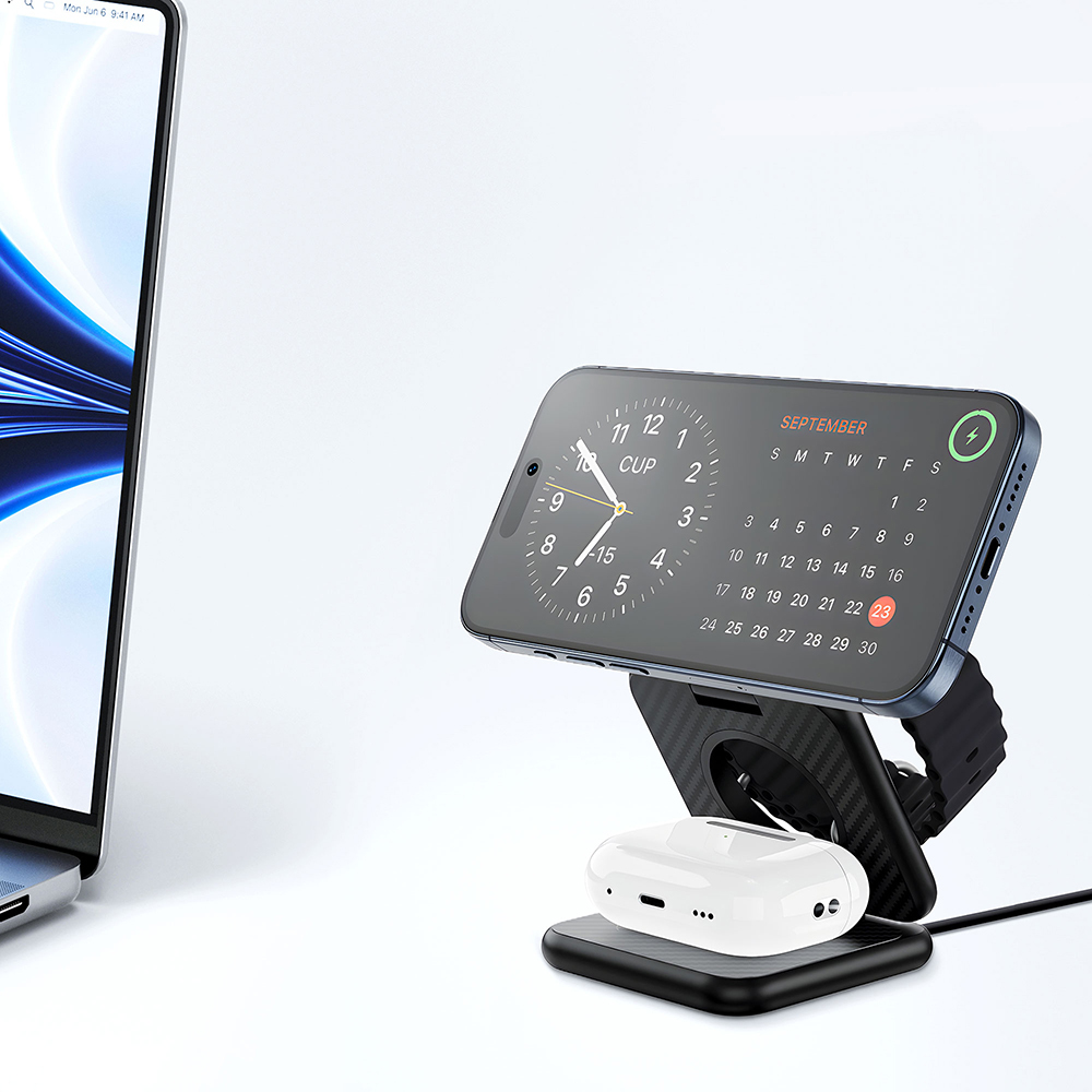 Wiwu Wi-W035 3 in 1 Magnetik Hızlı Şarj Özellikli Aramid Fiber Kablosuz Şarj Standı 15W - 5