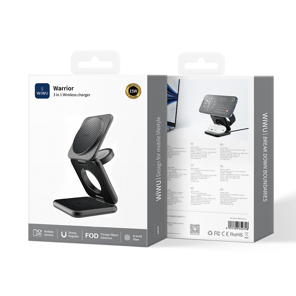 Wiwu Wi-W035 3 in 1 Magnetik Hızlı Şarj Özellikli Aramid Fiber Kablosuz Şarj Standı 15W - 6