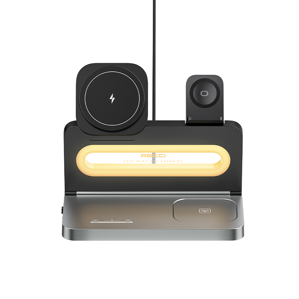 Recci RCW-49 Ambiyans Işıklı Telefon&Akıllı Saat&Kulaklık 15W 4in1 Kablosuz Şarj Standı - 1