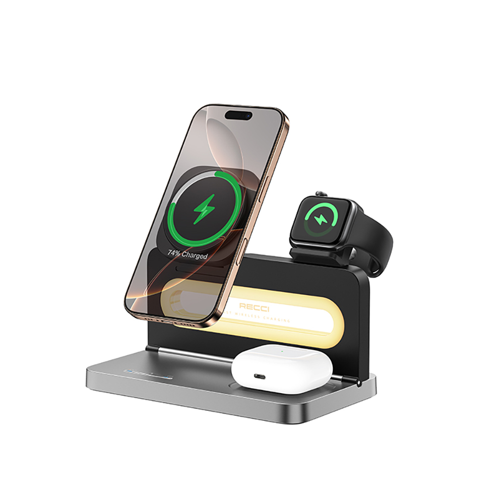 Recci RCW-49 Ambiyans Işıklı Telefon&Akıllı Saat&Kulaklık 15W 4in1 Kablosuz Şarj Standı - 2