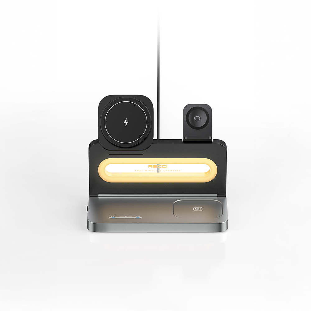 Recci RCW-49 Ambiyans Işıklı Telefon&Akıllı Saat&Kulaklık 15W 4in1 Kablosuz Şarj Standı - 5