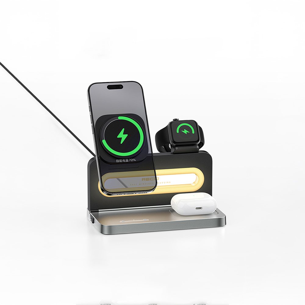 Recci RCW-49 Ambiyans Işıklı Telefon&Akıllı Saat&Kulaklık 15W 4in1 Kablosuz Şarj Standı - 6