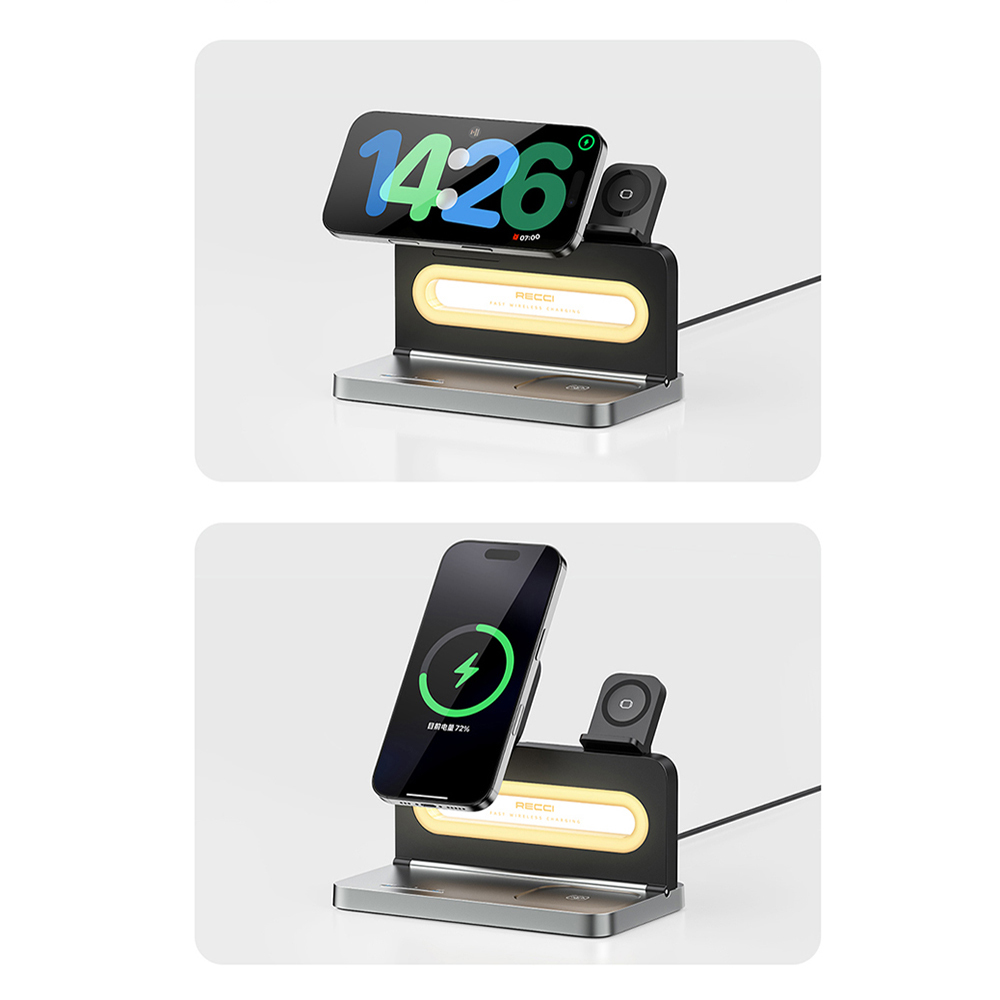 Recci RCW-49 Ambiyans Işıklı Telefon&Akıllı Saat&Kulaklık 15W 4in1 Kablosuz Şarj Standı - 7