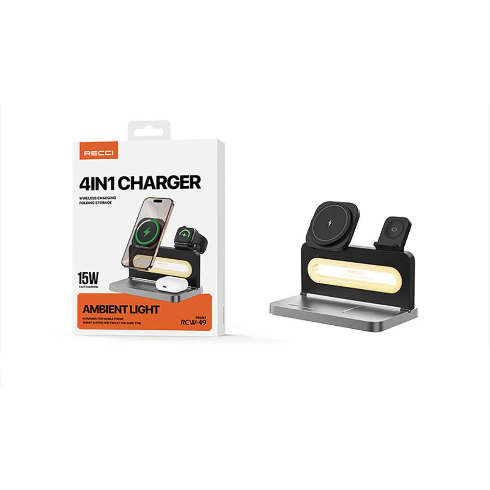 Recci RCW-49 Ambiyans Işıklı Telefon&Akıllı Saat&Kulaklık 15W 4in1 Kablosuz Şarj Standı - 10