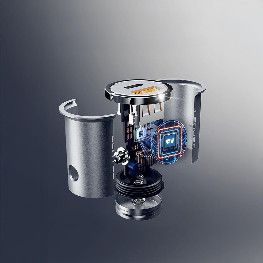 Lenyes CA60 Hızlı Şarj Özellikli Dual Type-C + USB-A Portlu Mini Araç Şarj Aleti PD 45W - 1