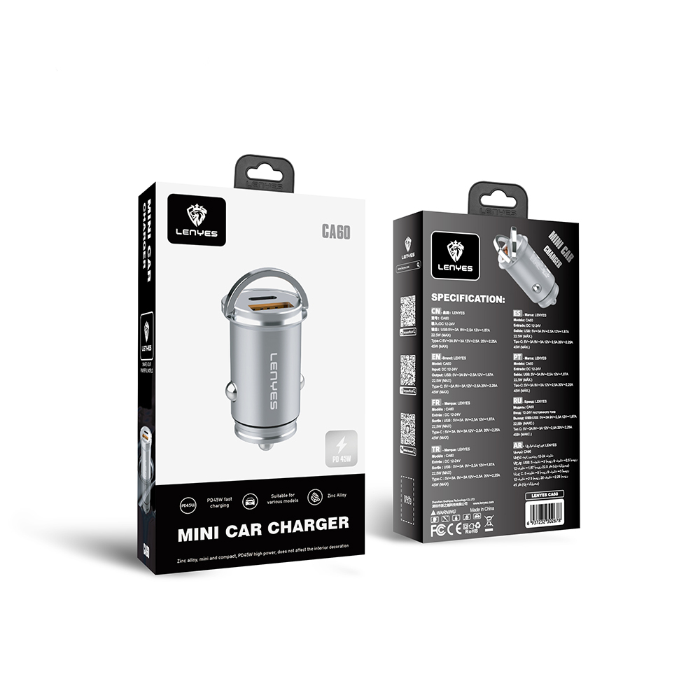 Lenyes CA60 Hızlı Şarj Özellikli Dual Type-C + USB-A Portlu Mini Araç Şarj Aleti PD 45W - 5