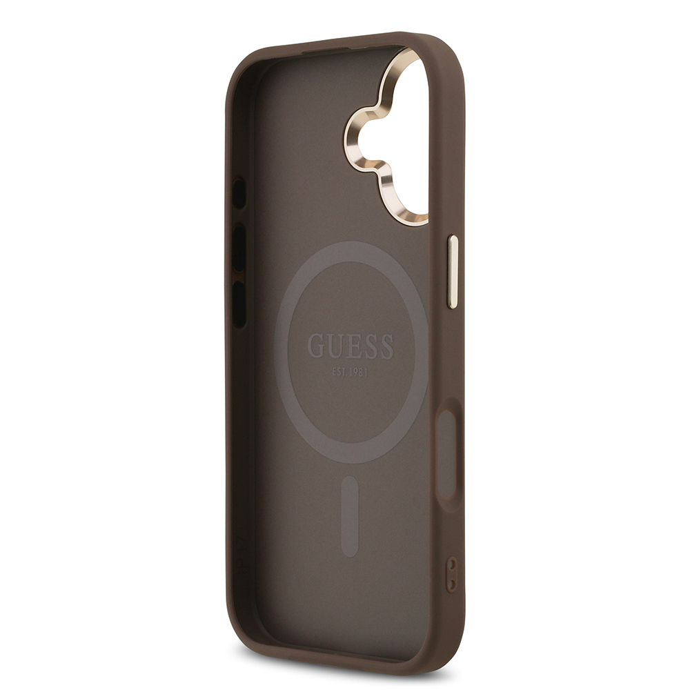 Apple iPhone 17 Kılıf Guess Orjinal Lisanslı Gold Metal Kamera Çerçeveli Taşlı Üçgen Logo 4G Desenli Kapak - 13