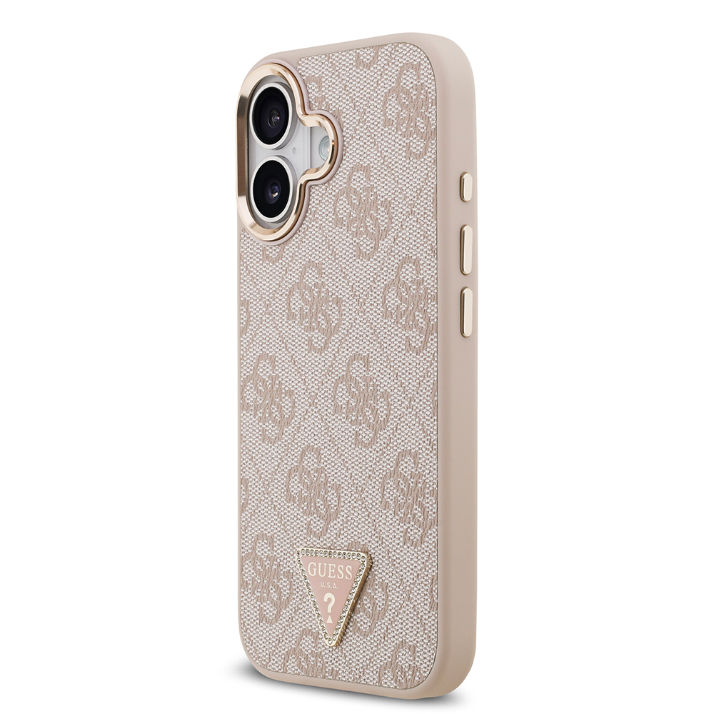 Apple iPhone 17 Uyumlu Kılıf Guess Orjinal Lisanslı M-safe Şarj Özellikli Gold Metal Kamera Çerçeveli Taşlı Üçgen Logo 4G Desenli Kapak - 15