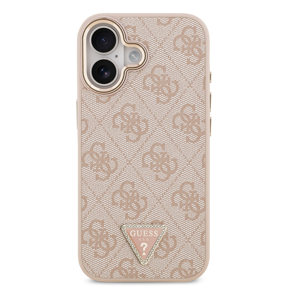 Apple iPhone 17 Uyumlu Kılıf Guess Orjinal Lisanslı M-safe Şarj Özellikli Gold Metal Kamera Çerçeveli Taşlı Üçgen Logo 4G Desenli Kapak - 16