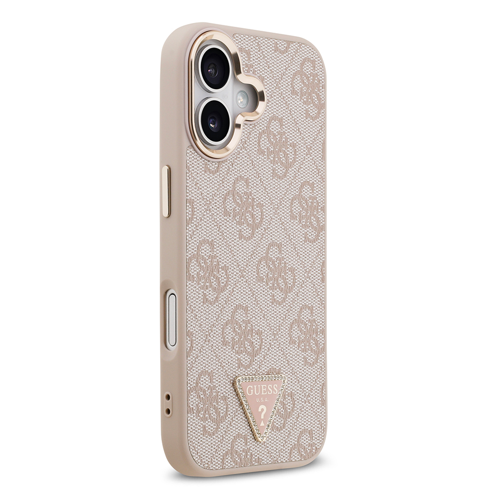 Apple iPhone 17 Uyumlu Kılıf Guess Orjinal Lisanslı M-safe Şarj Özellikli Gold Metal Kamera Çerçeveli Taşlı Üçgen Logo 4G Desenli Kapak - 17