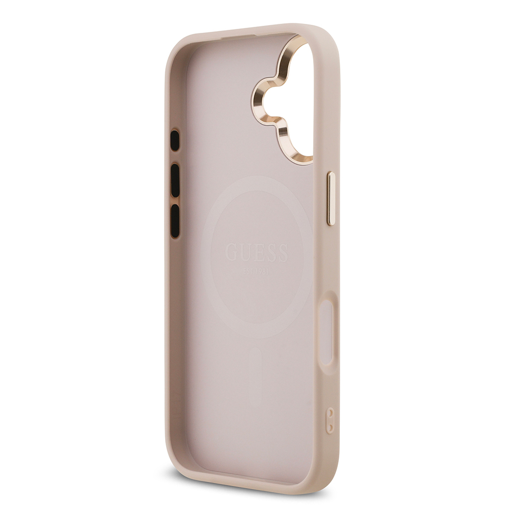 Apple iPhone 17 Uyumlu Kılıf Guess Orjinal Lisanslı M-safe Şarj Özellikli Gold Metal Kamera Çerçeveli Taşlı Üçgen Logo 4G Desenli Kapak - 20