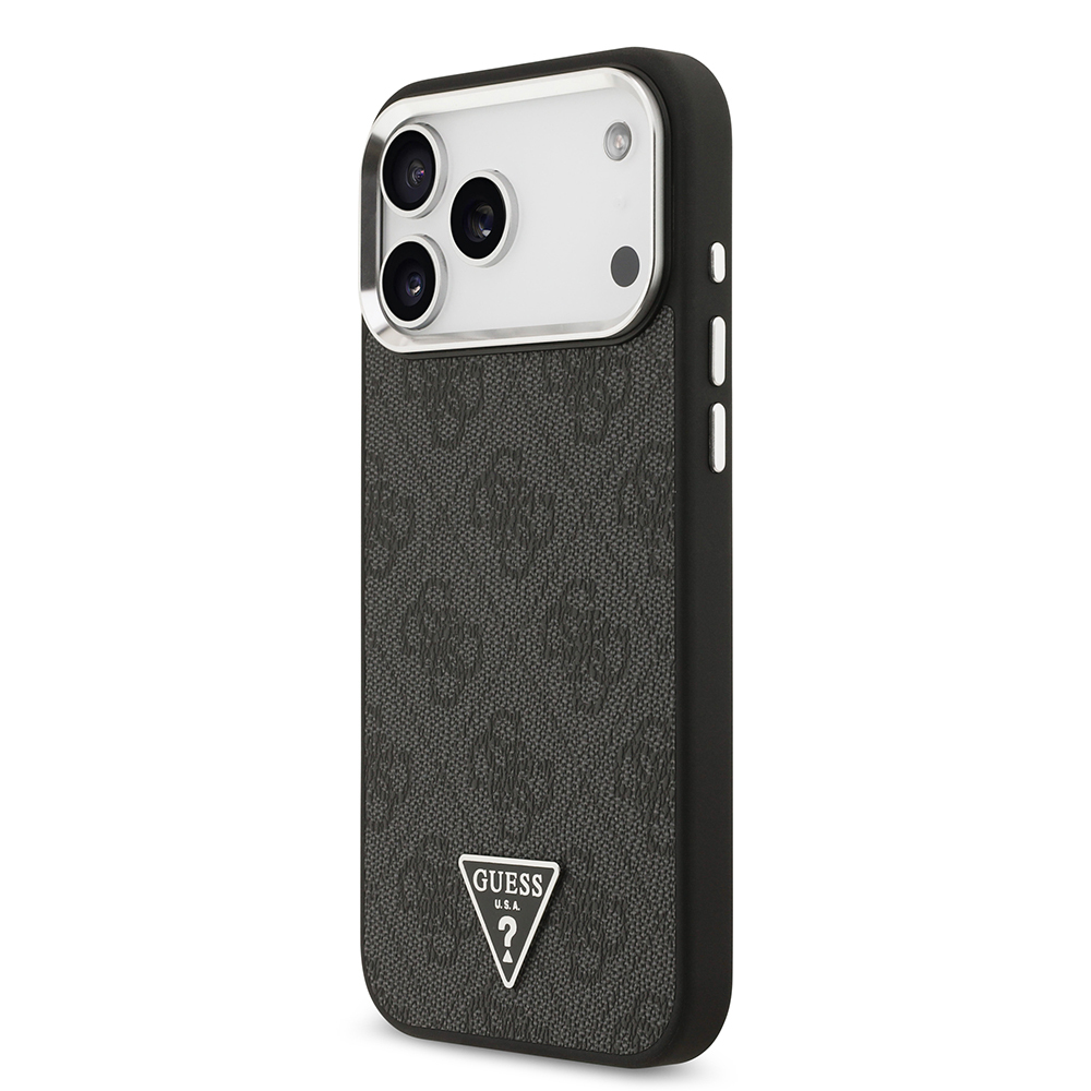 Apple iPhone 17 Pro Max Kılıf Guess Orjinal Lisanslı Gümüş Metal Kamera Çerçeveli Taşlı Üçgen Logo 4G Desenli Kapak - 1