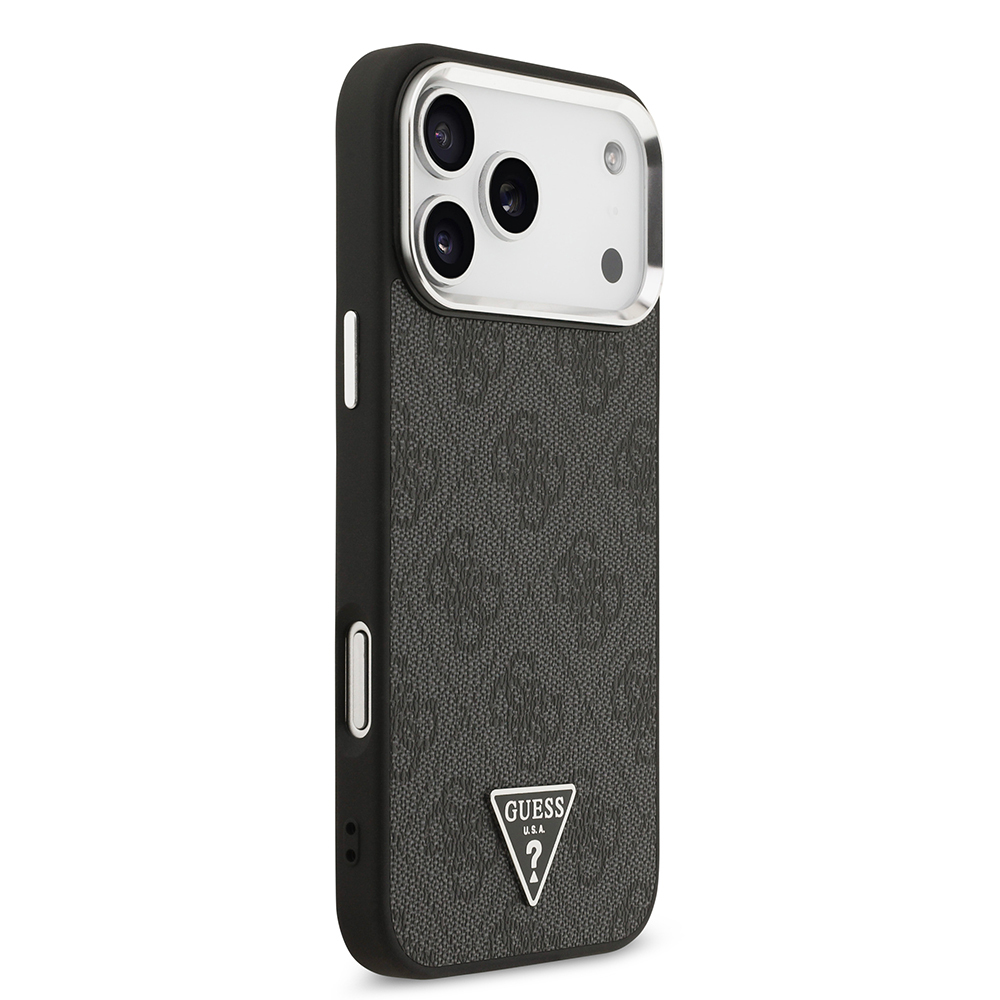 Apple iPhone 17 Pro Max Kılıf Guess Orjinal Lisanslı Gümüş Metal Kamera Çerçeveli Taşlı Üçgen Logo 4G Desenli Kapak - 3