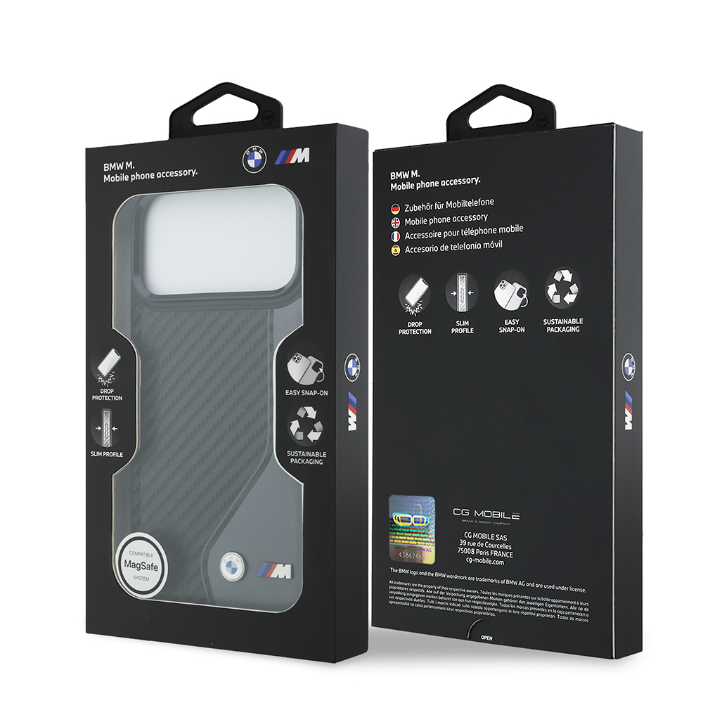 Apple iPhone 17 Pro Max Kılıf BMW Orjinal Lisanslı M-safe Şarj Özellikli Metal BMW ve M Logolu PU Karbon Tasarımlı Kapak - 7