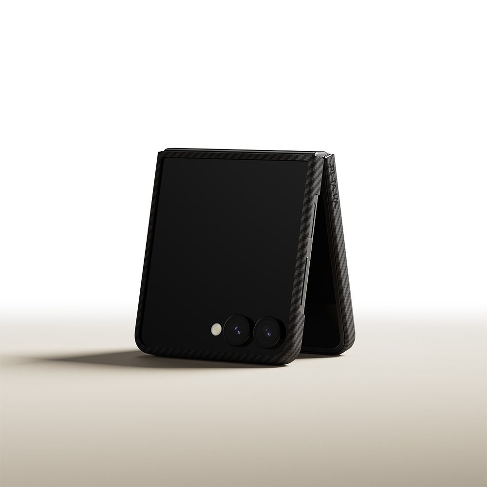 Samsung Galaxy Z Flip Uyumlu 7 Kılıf M-safe Şarj Özellikli 600D Aramid Fiber Pitaka Ultra-Slim Classic Serisi Black-Grey Twill Kapak - 5