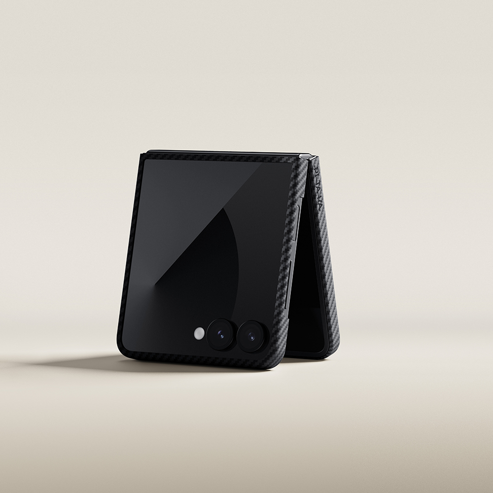 Samsung Galaxy Z Flip Uyumlu 7 Kılıf M-safe Şarj Özellikli 600D Aramid Fiber Pitaka Ultra-Slim Classic Serisi Black-Grey Twill Kapak - 6