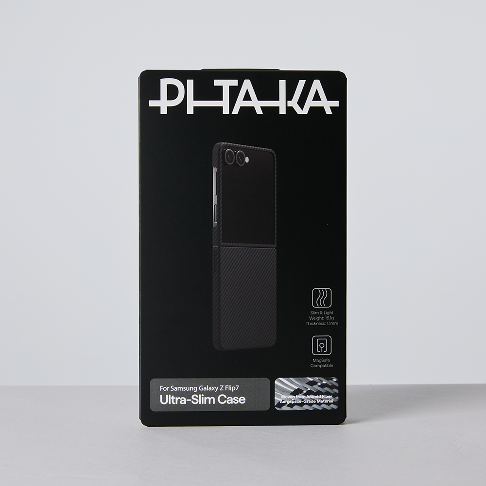 Samsung Galaxy Z Flip Uyumlu 7 Kılıf M-safe Şarj Özellikli 600D Aramid Fiber Pitaka Ultra-Slim Classic Serisi Black-Grey Twill Kapak - 10