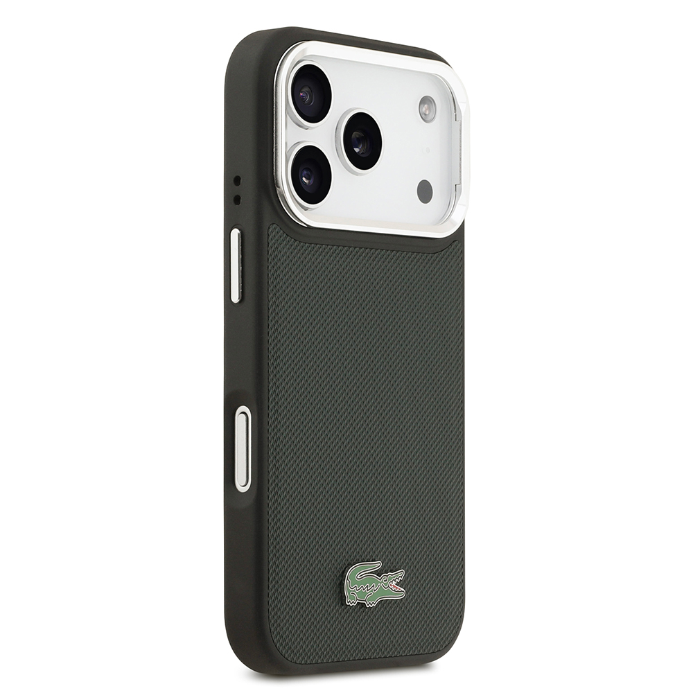 Apple iPhone 17 Pro Uyumlu Kılıf Lacoste Orjinal Lisanslı M-safe Şarj Özellikli PU Pike Desenli Standlı Metal Logolu Kapak - 17