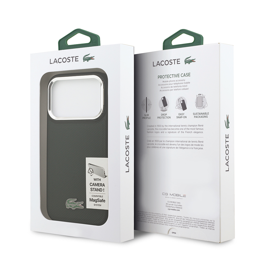 Apple iPhone 17 Pro Uyumlu Kılıf Lacoste Orjinal Lisanslı M-safe Şarj Özellikli PU Pike Desenli Standlı Metal Logolu Kapak - 21