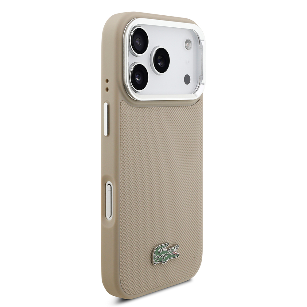 Apple iPhone 17 Pro Uyumlu Kılıf Lacoste Orjinal Lisanslı M-safe Şarj Özellikli PU Pike Desenli Standlı Metal Logolu Kapak - 24