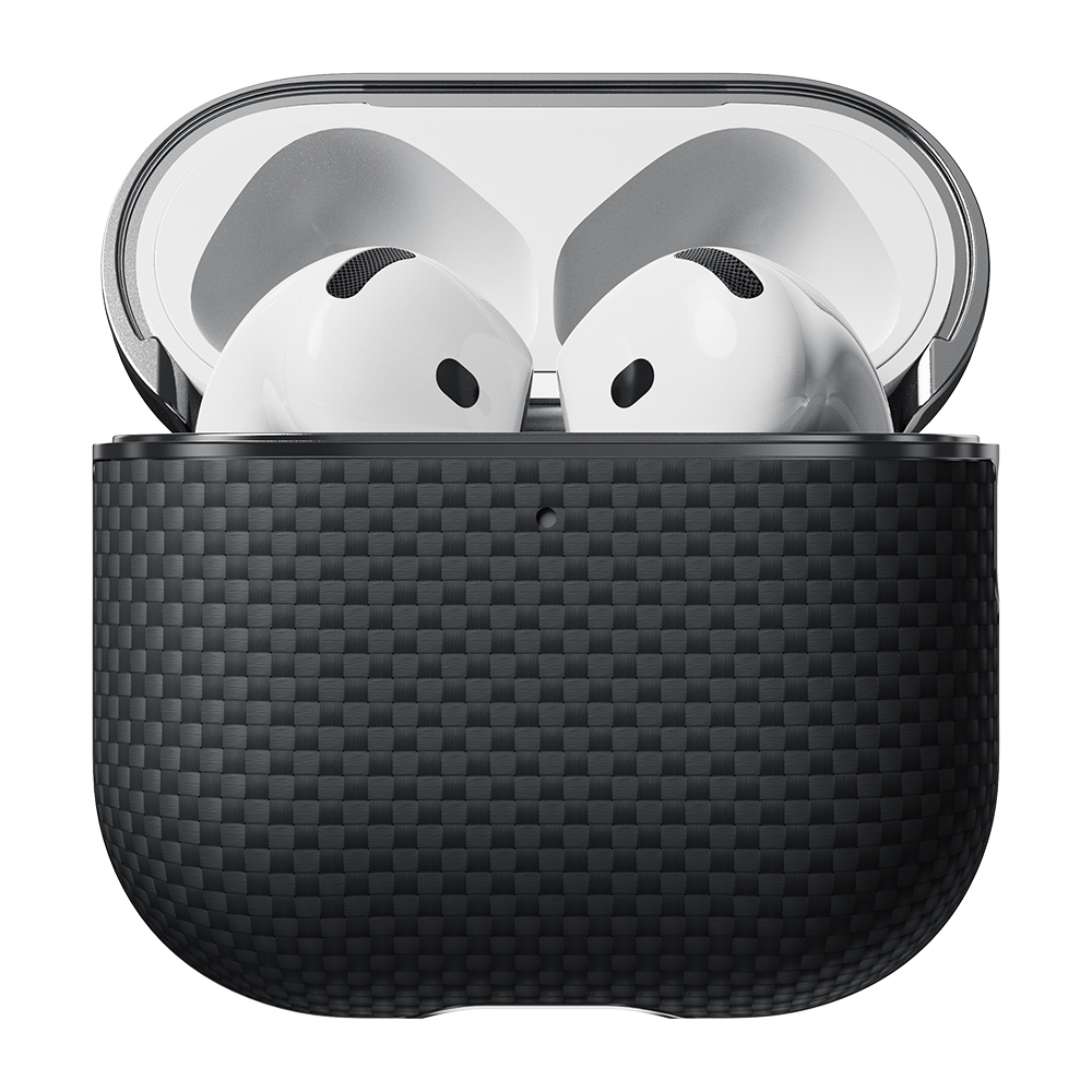 Apple Airpods 4 Uyumlu Kılıf 1500D Aramid Fiber Pitaka Ultra-Slim Classic Serisi Black-Grey Twill Kapak - 1