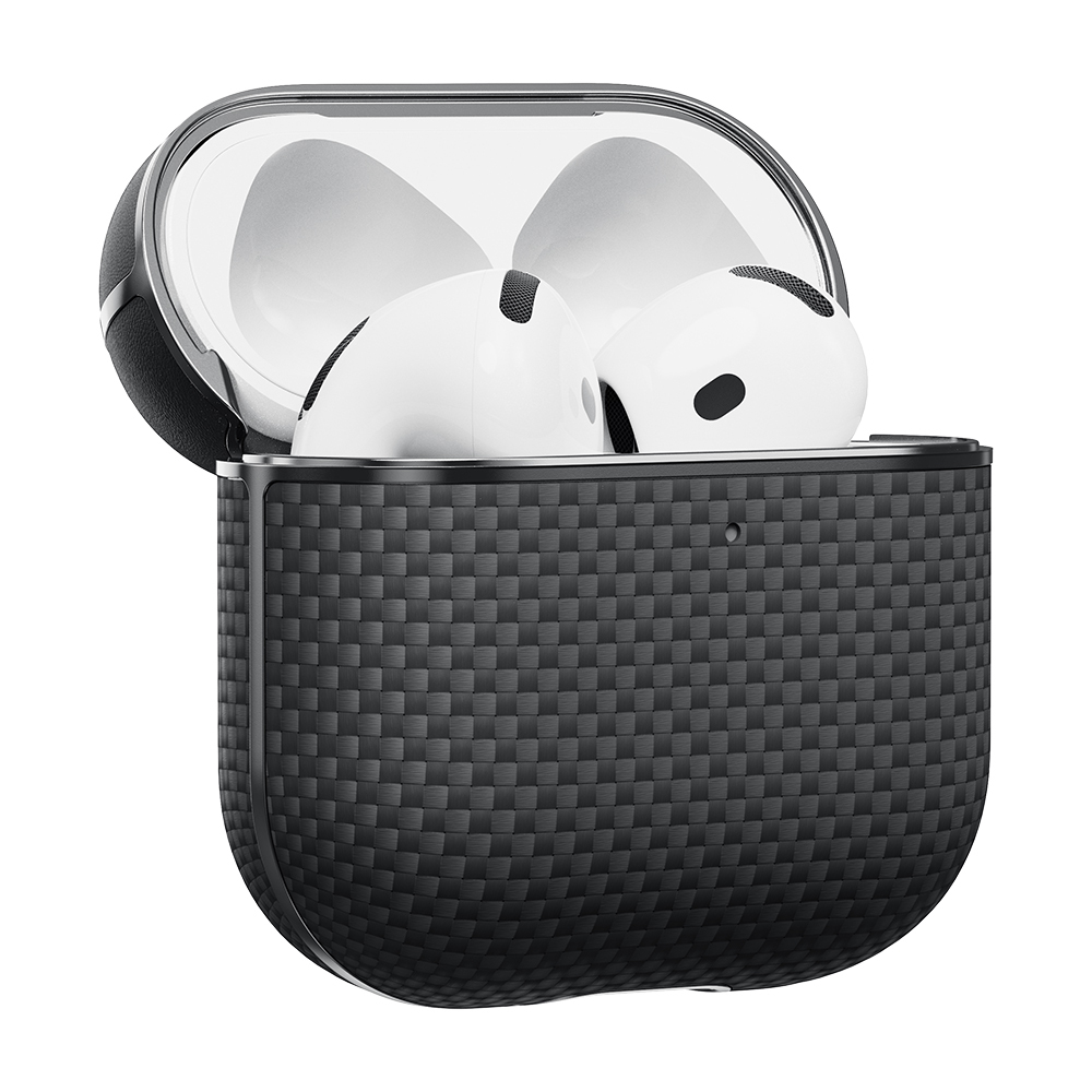 Apple Airpods 4 Uyumlu Kılıf 1500D Aramid Fiber Pitaka Ultra-Slim Classic Serisi Black-Grey Twill Kapak - 3