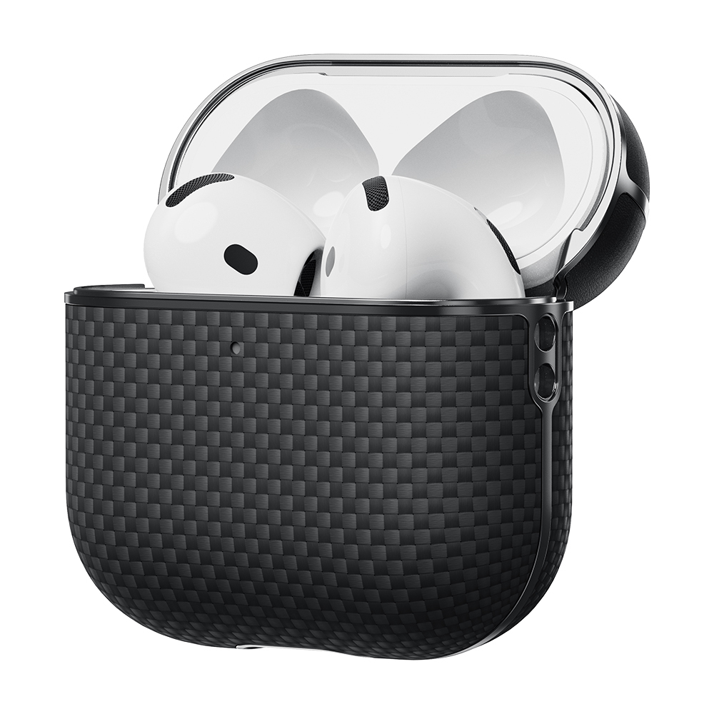 Apple Airpods 4 Uyumlu Kılıf 1500D Aramid Fiber Pitaka Ultra-Slim Classic Serisi Black-Grey Twill Kapak - 5