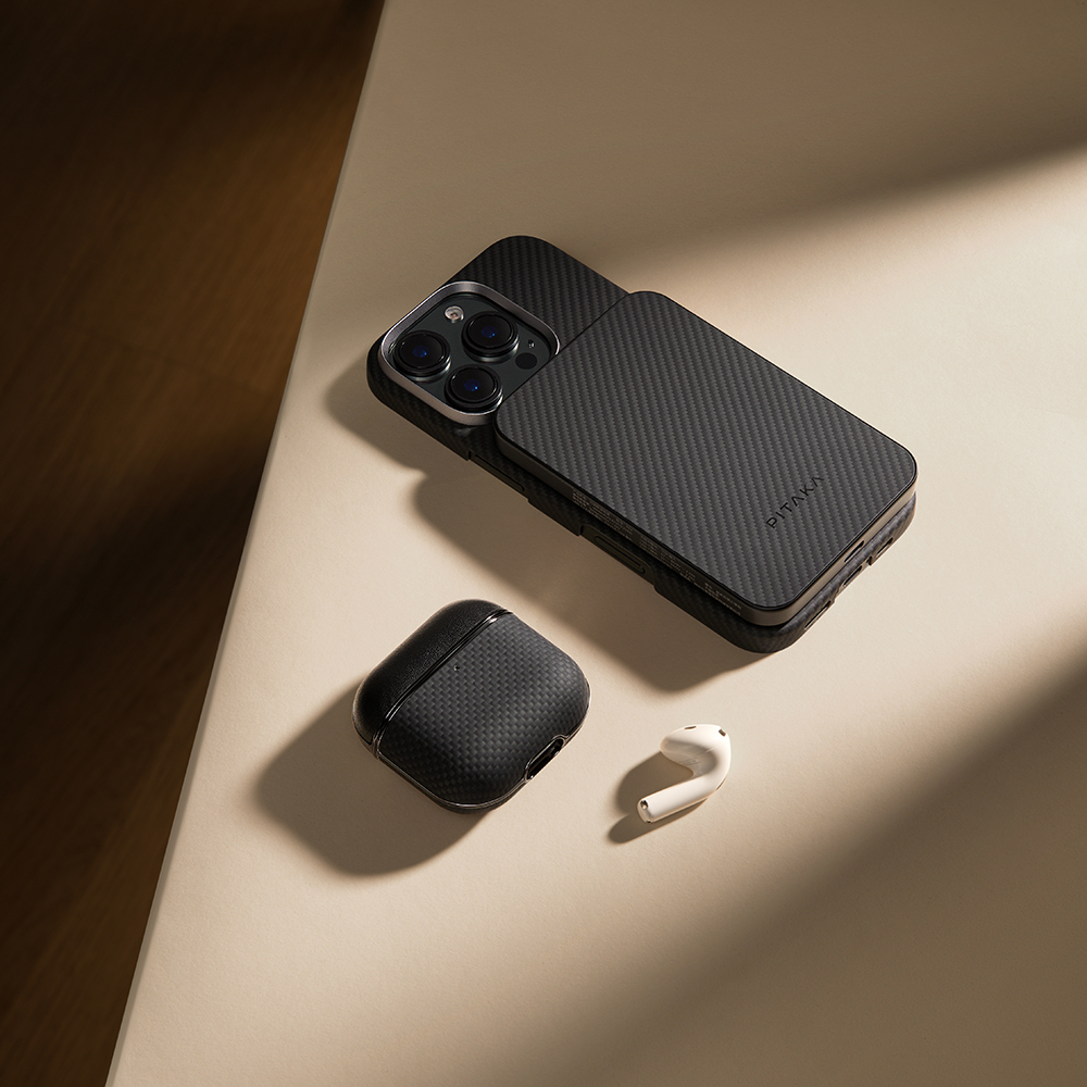 Apple Airpods 4 Uyumlu Kılıf 1500D Aramid Fiber Pitaka Ultra-Slim Classic Serisi Black-Grey Twill Kapak - 10