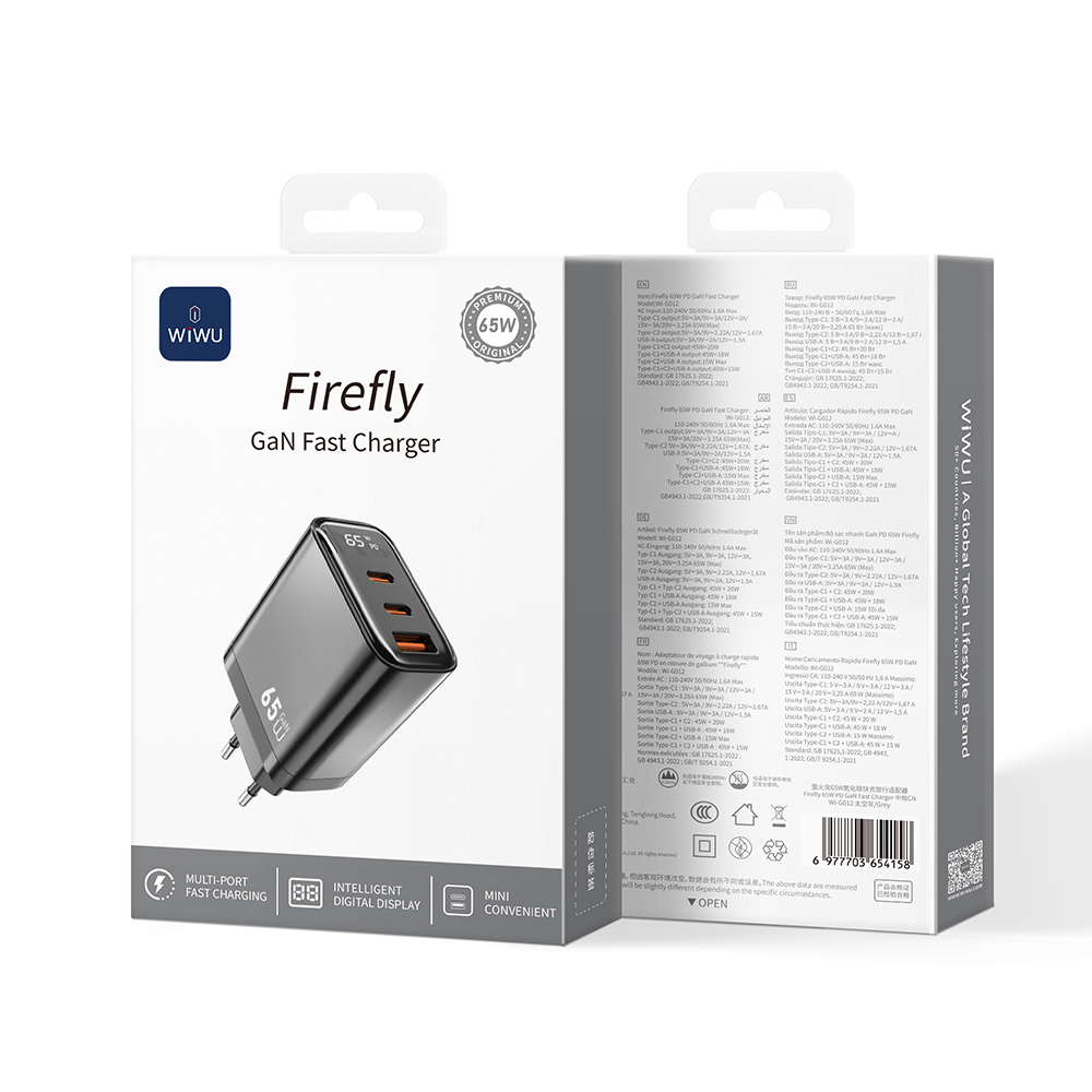 Wiwu Wi-G012 Firefly Serisi Dual Type-C PD & USB-A GaN Teknolojili Hızlı Şarj Başlığı 65W - 1