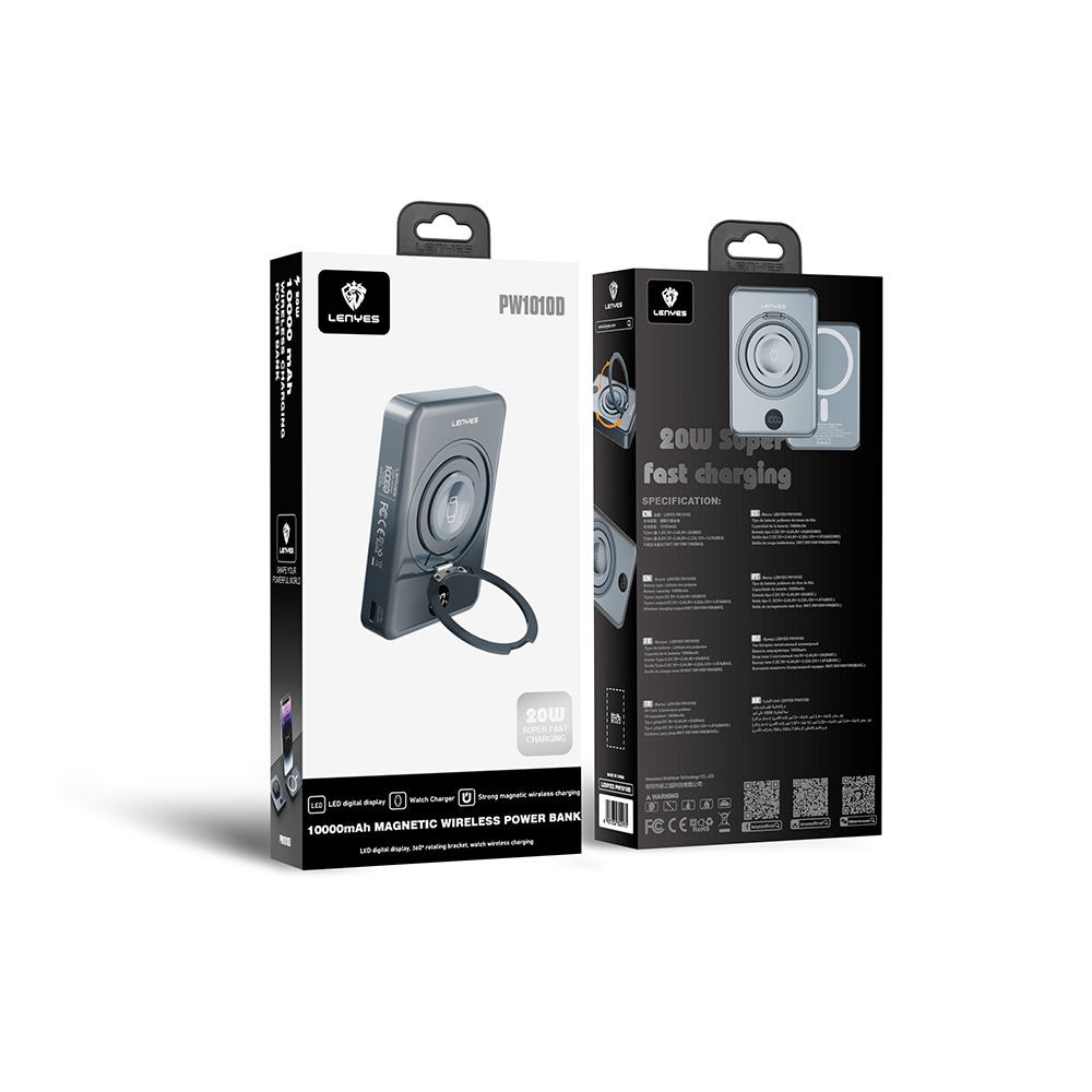 Lenyes PW1010D PD 20W Dijital LED Göstergeli Akıllı Saat Kablosuz Şarj Özellikli Standlı Wireless Powerbank 15W 10000mAh - 6