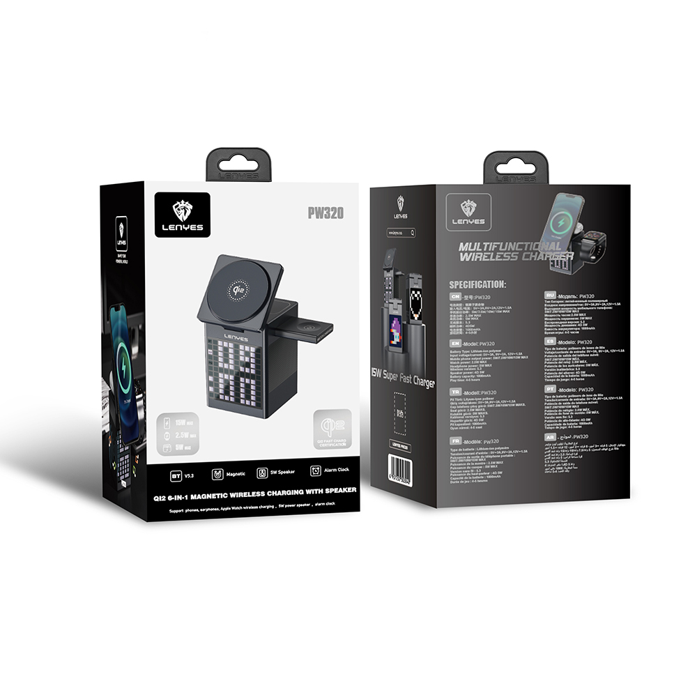 Lenyes PW320 Qi2 Şarj Teknolojili Alarmlı Bluuetooth Speaker Özellikli Telefon&Akıllı Saat&Kulaklık 15W 6in1 Kablosuz Şarj Standı - 6