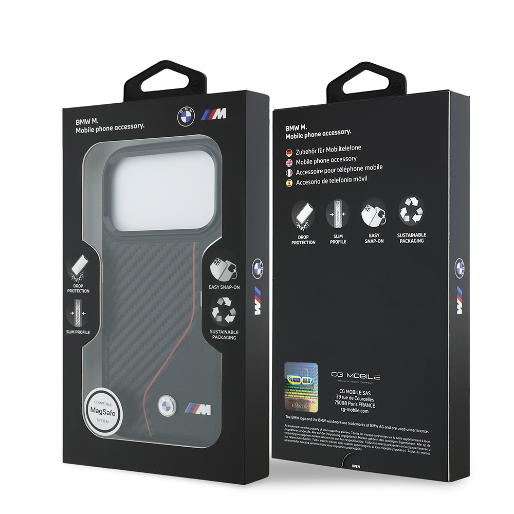 Apple iPhone 17 Pro Uyumlu Kılıf BMW Orjinal Lisanslı M-safe Şarj Özellikli Metal BMW ve M Logolu PU Karbon Tasarımlı Kapak - 7