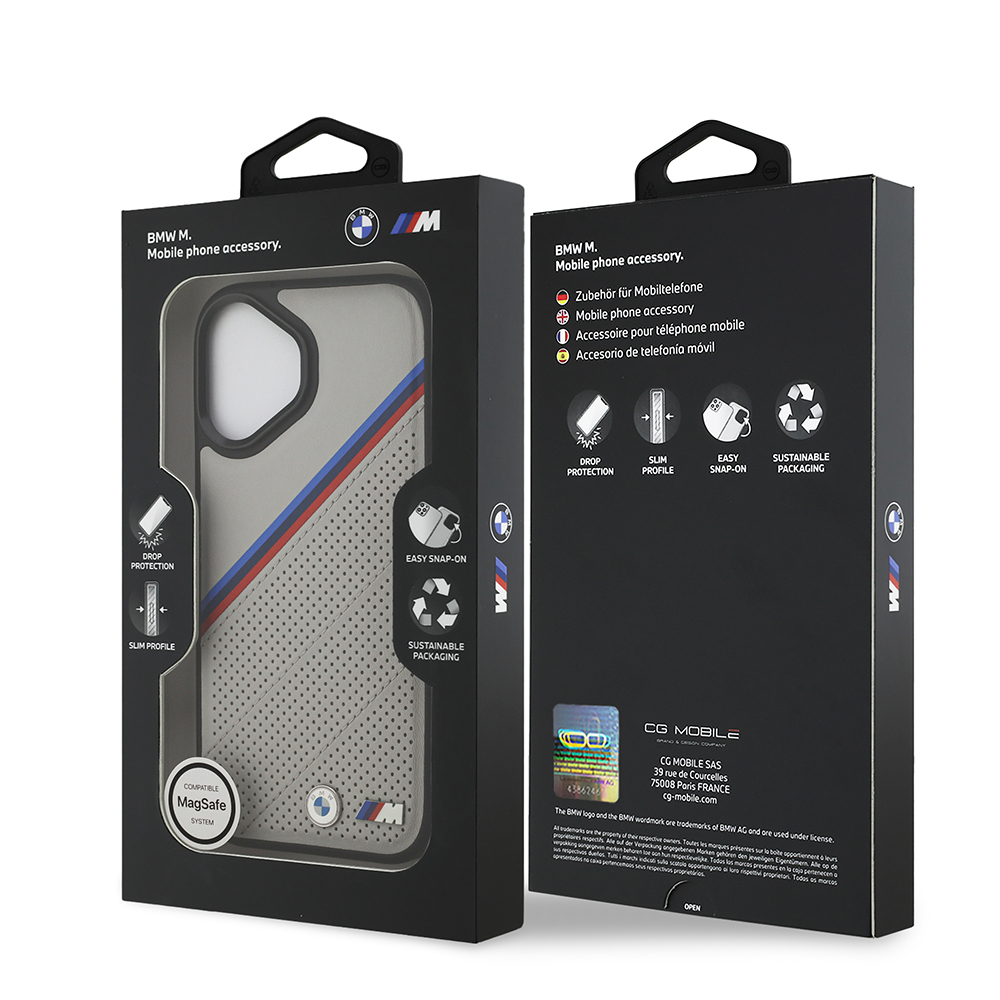 Apple iPhone 17 Uyumlu Kılıf BMW Orjinal Lisanslı M-safe Şarj Özellikli M Logolu Üç Şeritli Delikli Deri Kapak - 13