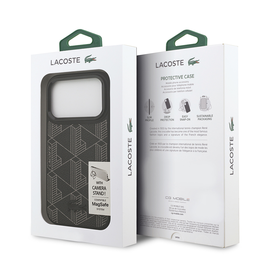 Apple iPhone 17 Pro Uyumlu Kılıf Lacoste Orjinal Lisanslı M-safe Şarj Özellikli Standlı PU Deri Karışık Monogram Desenli Kapak - 7