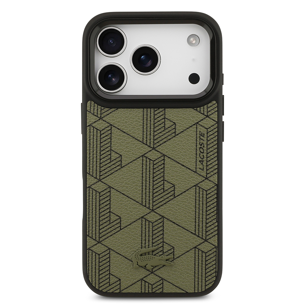 Apple iPhone 17 Pro Uyumlu Kılıf Lacoste Orjinal Lisanslı M-safe Şarj Özellikli Standlı PU Deri Karışık Monogram Desenli Kapak - 9