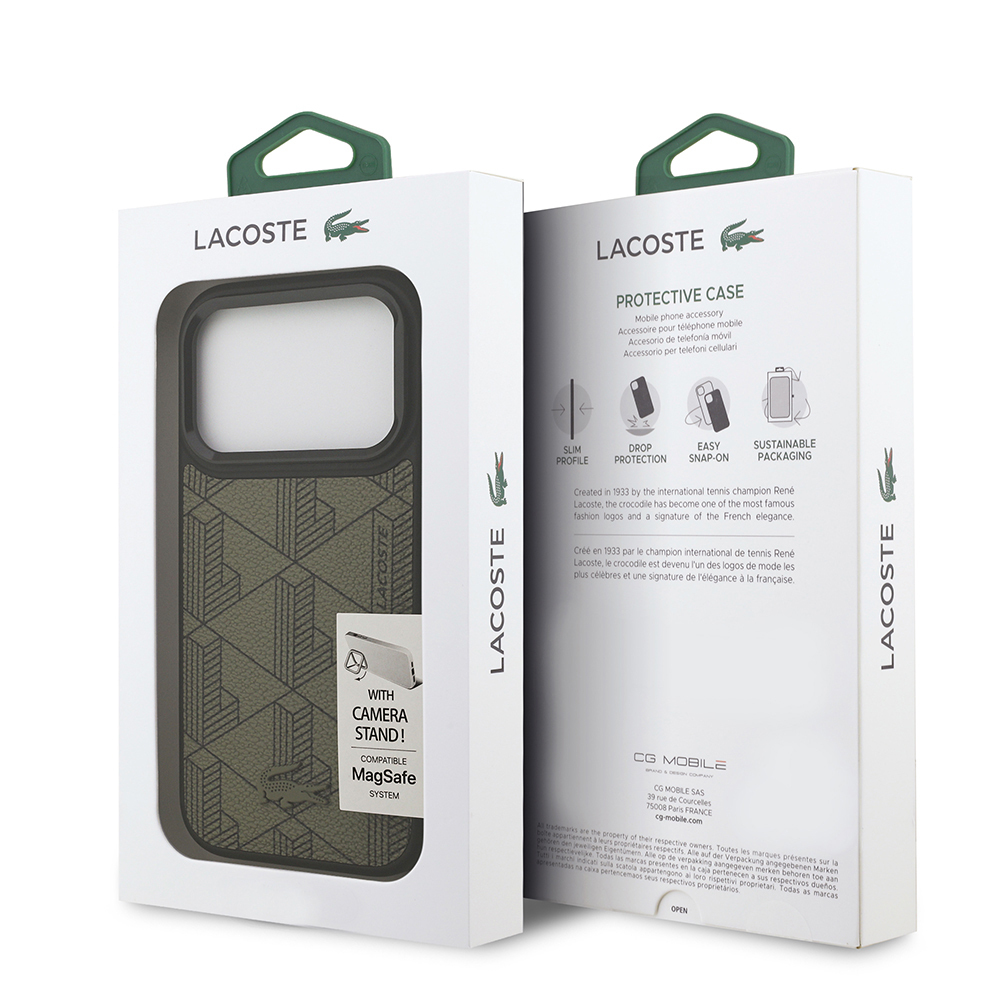 Apple iPhone 17 Pro Uyumlu Kılıf Lacoste Orjinal Lisanslı M-safe Şarj Özellikli Standlı PU Deri Karışık Monogram Desenli Kapak - 14