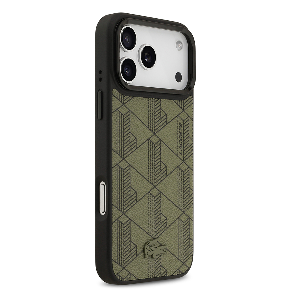 Apple iPhone 17 Pro Max Uyumlu Kılıf Lacoste Orjinal Lisanslı M-safe Şarj Özellikli Standlı PU Deri Karışık Monogram Desenli Kapak - 3
