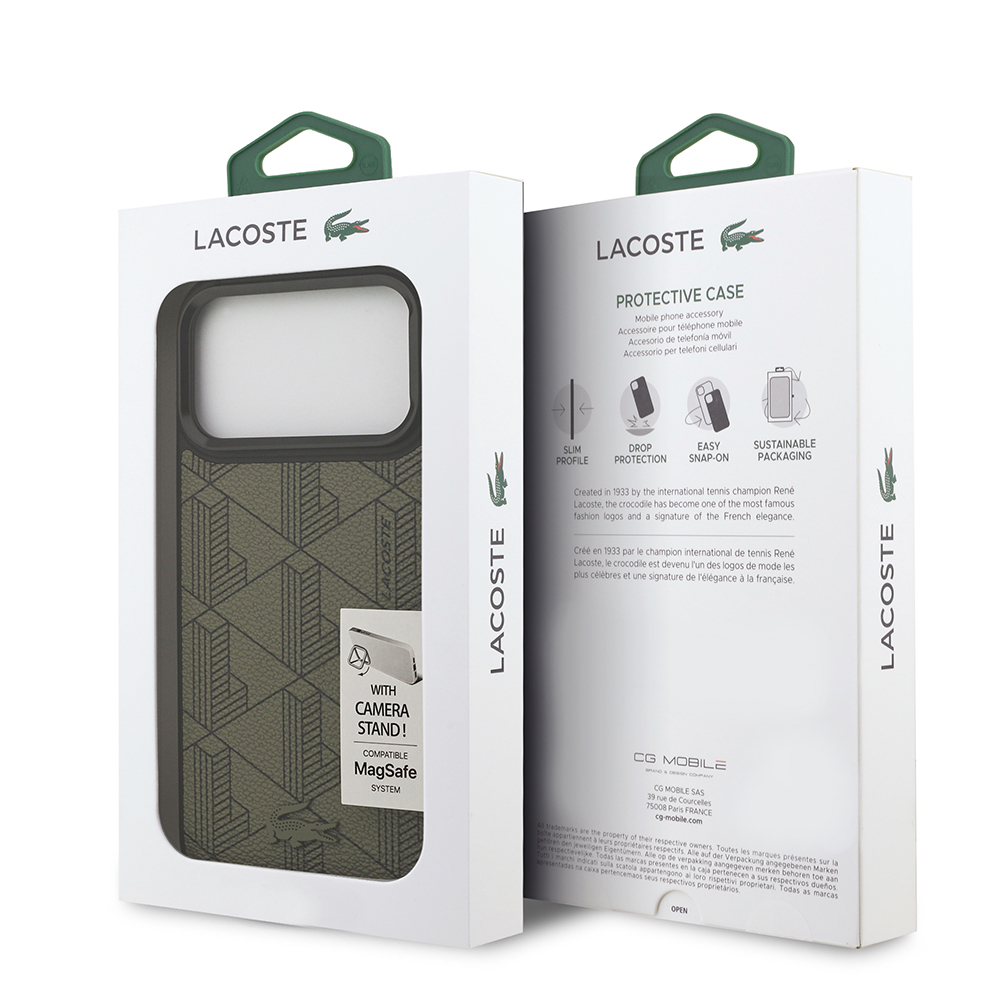Apple iPhone 17 Pro Max Uyumlu Kılıf Lacoste Orjinal Lisanslı M-safe Şarj Özellikli Standlı PU Deri Karışık Monogram Desenli Kapak - 7