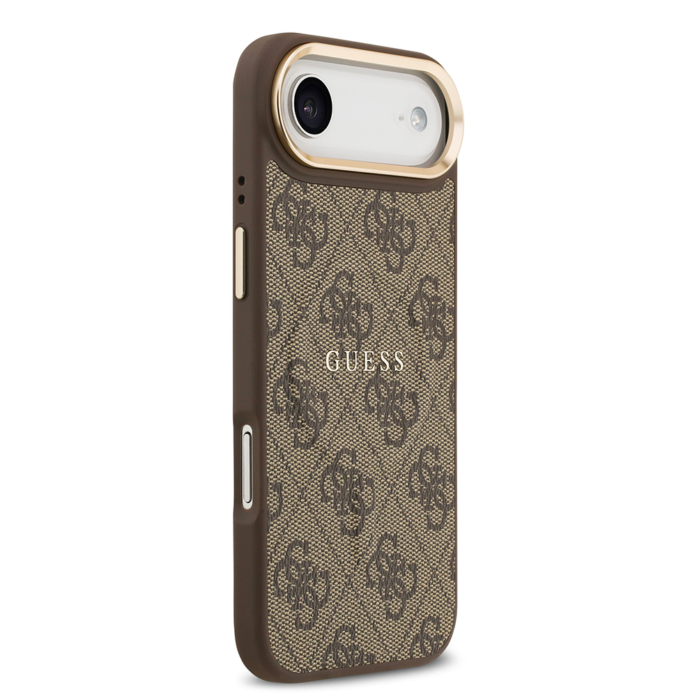Apple iPhone 17 Air Uyumlu Kılıf Guess Orjinal Lisanslı M-safe Şarj Özellikli Gold Metal Kamera Çerçeveli PU Deri 4G Desenli Yazı Logolu Kapak - 1