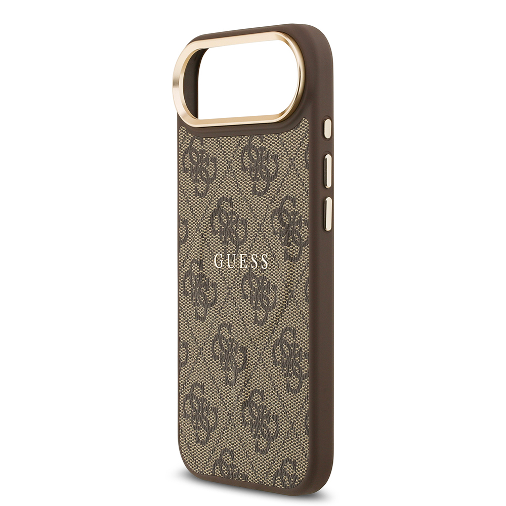 Apple iPhone 17 Air Uyumlu Kılıf Guess Orjinal Lisanslı M-safe Şarj Özellikli Gold Metal Kamera Çerçeveli PU Deri 4G Desenli Yazı Logolu Kapak - 3