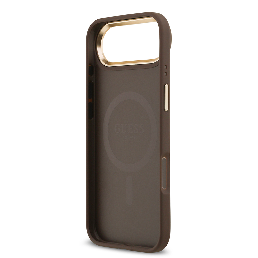 Apple iPhone 17 Air Uyumlu Kılıf Guess Orjinal Lisanslı M-safe Şarj Özellikli Gold Metal Kamera Çerçeveli PU Deri 4G Desenli Yazı Logolu Kapak - 4