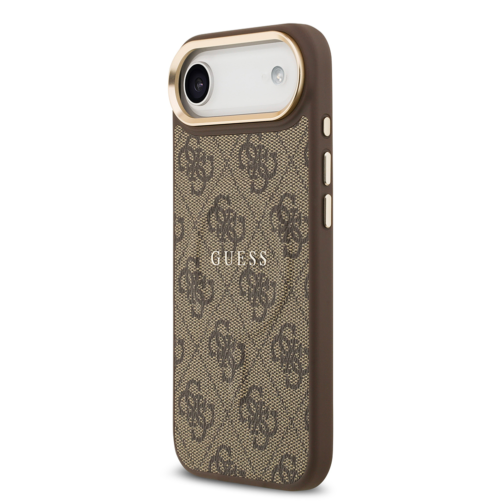 Apple iPhone 17 Air Uyumlu Kılıf Guess Orjinal Lisanslı M-safe Şarj Özellikli Gold Metal Kamera Çerçeveli PU Deri 4G Desenli Yazı Logolu Kapak - 5